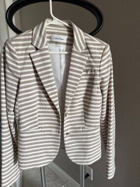 Like New Calvin Klein Size 2 Striped Tan/Cream Blazer